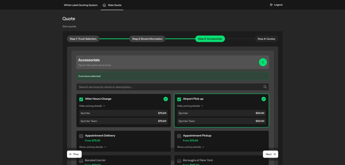 Step 3 of the quoting flow: accessorial services, each showing its own price per truck type