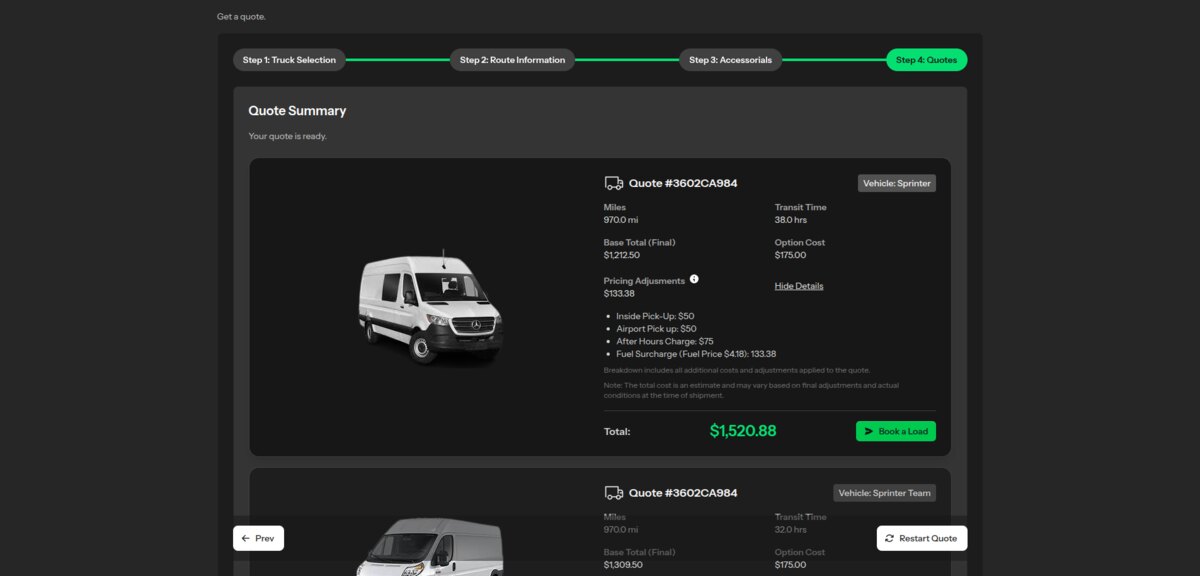 Step 4 of the quoting flow: a quote per truck type, itemised into base total, option cost and the pricing adjustments behind the difference