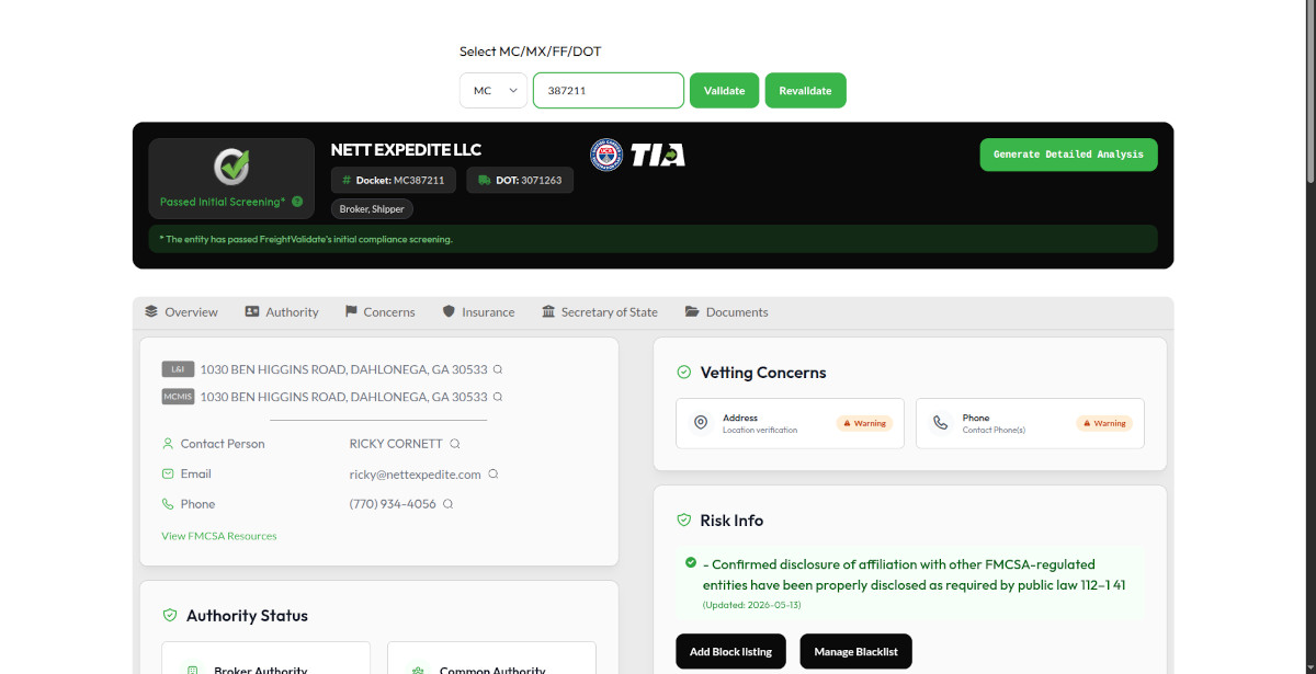 FreightValidate: the Detailed Analysis Report a subscriber gets back on a carrier