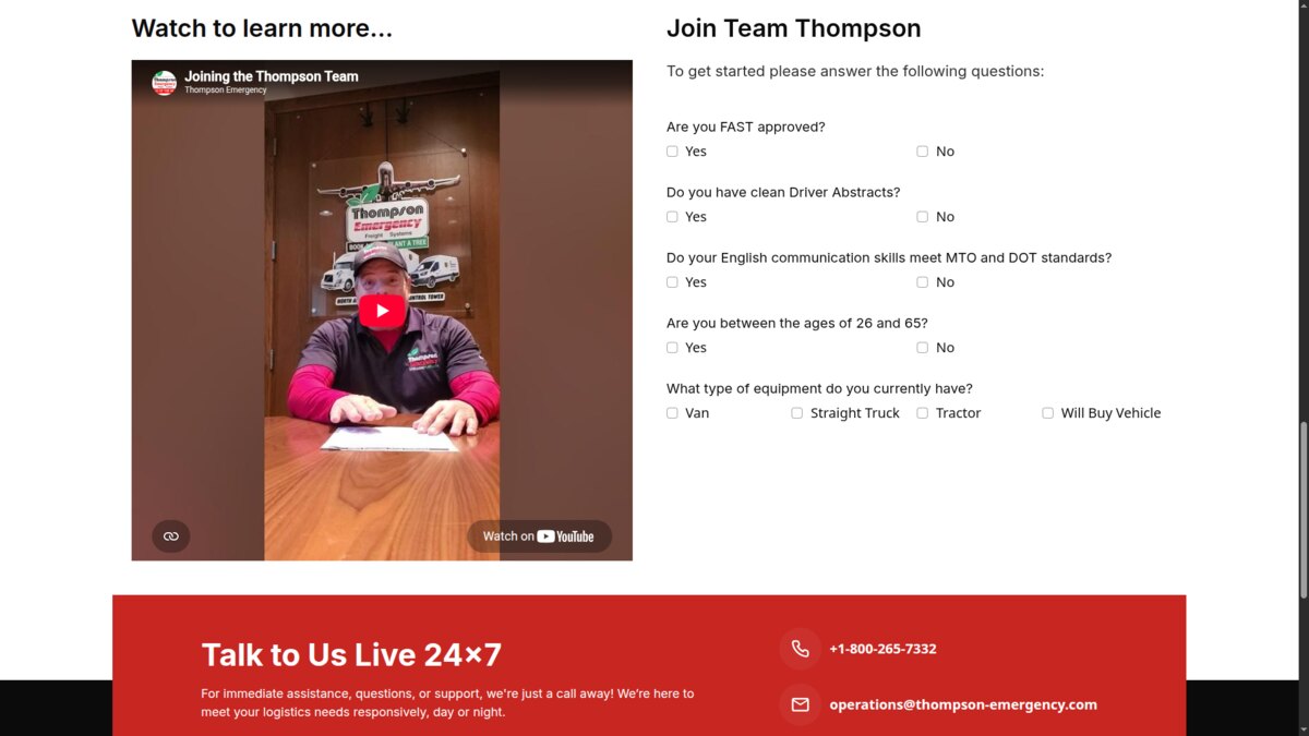 The Join Team Thompson driver recruiting page: an explainer video beside a qualifying questionnaire covering FAST approval, driver abstracts, English communication to MTO and DOT standards, age and equipment type