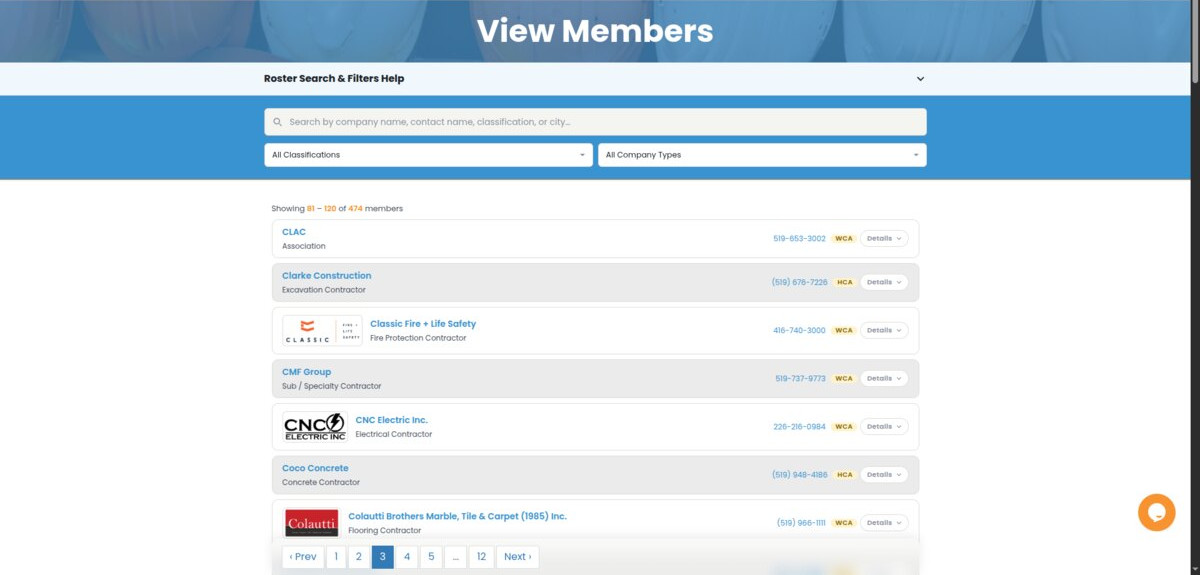 The WCA member directory: search, classification and company-type filters over 474 members